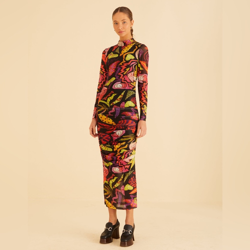 NWT Farm Rio Black Psychedelic Garden Tulle Midi Dress L